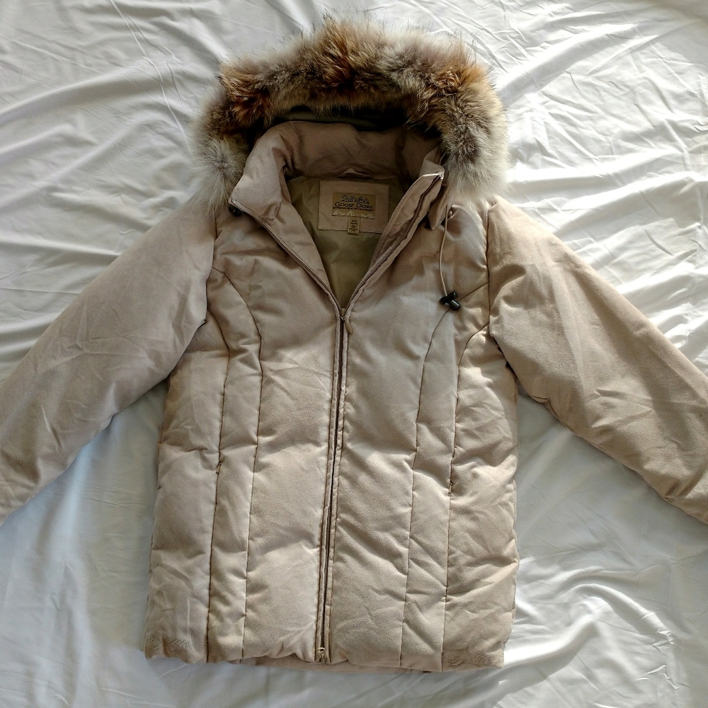 Down micro suede parka with fur trim hood